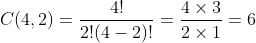 C(4, 2) = \frac{4!}{2!(4-2)!} = \frac{4 \times 3}{2 \times 1} = 6